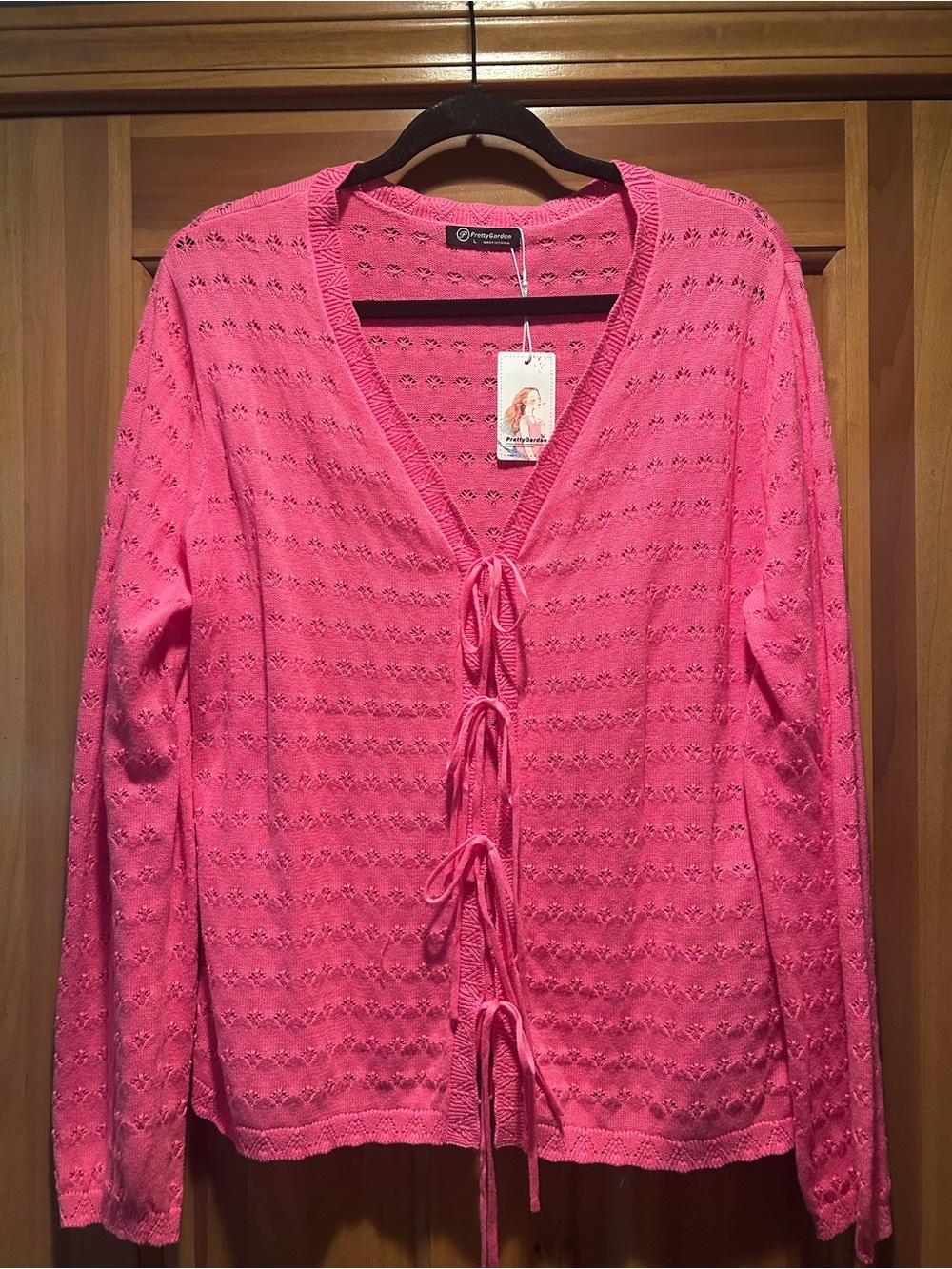 PrettyGarden Cotton Pink Tie-Front Knit Cardigan